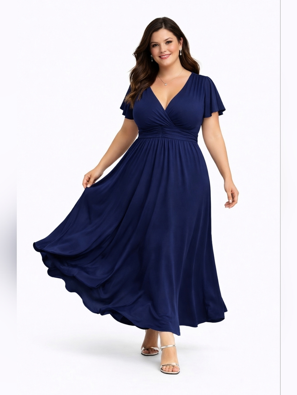 NY Collection 2X Navy Blue Maxi Dress Empire Waist Flowy Elegant V-Neck Wedding